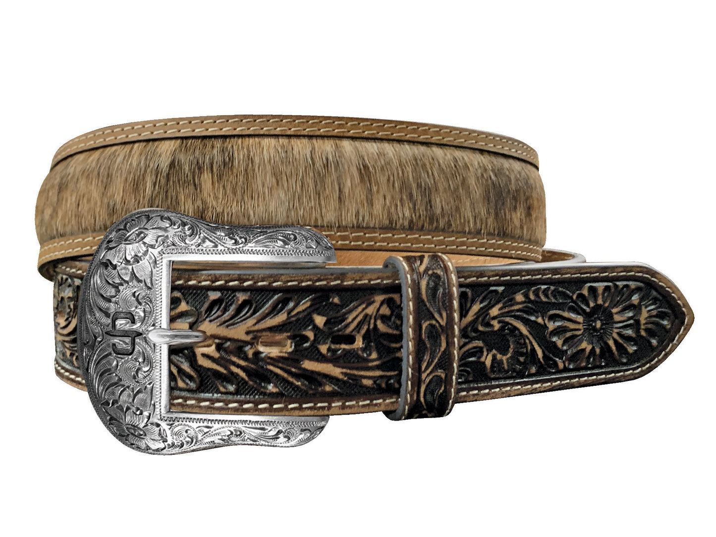 Hair-on-Hide Tooled Leather Belt